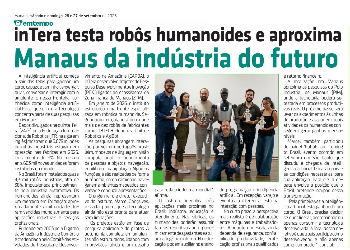 Recorte de jornal: inTera testa robôs humanoides e aproxima Manaus da indústria do futuro
